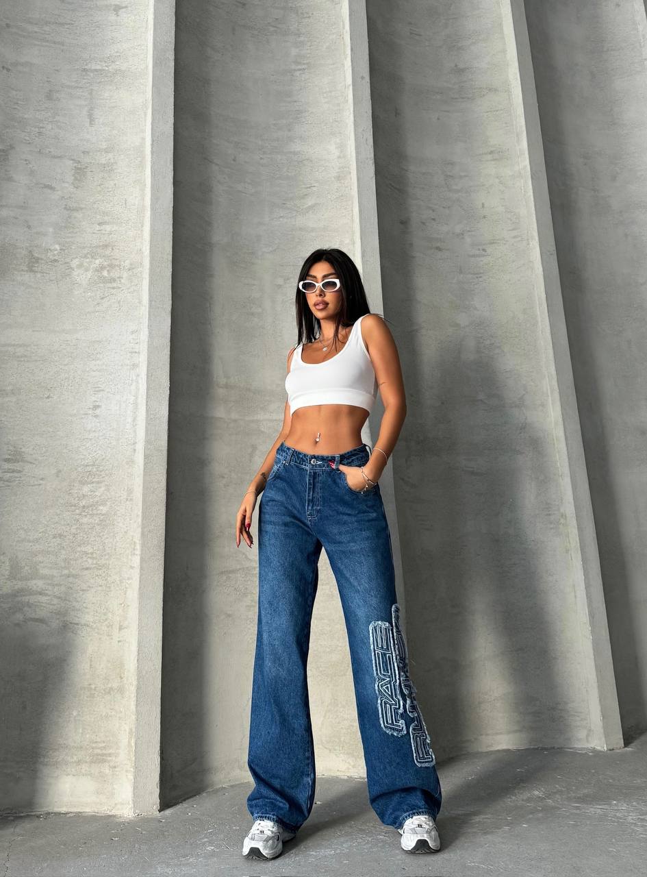Race Runner Nakış Detaylı Geniş Paça Jean 1002