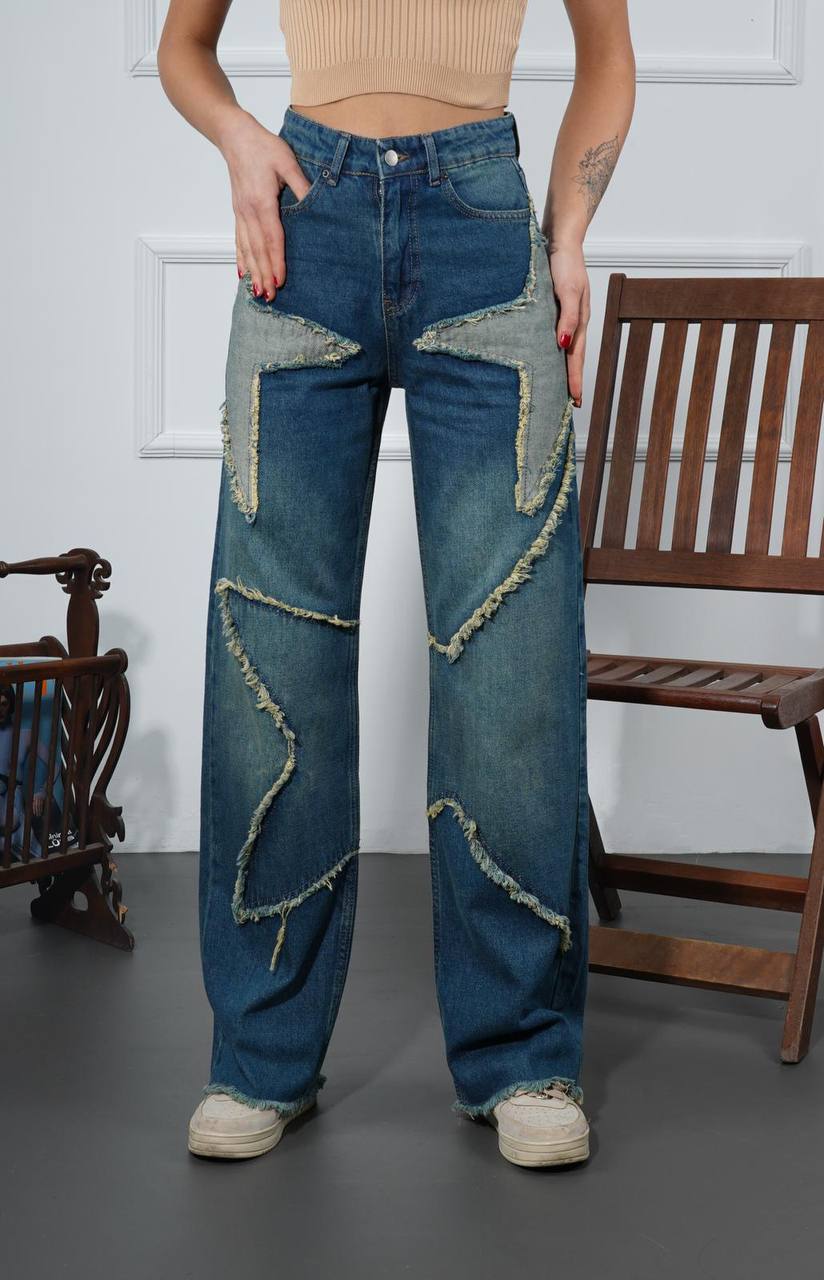Yıldız Patch Detaylı Geniş Paça Kot Pantolon 1001