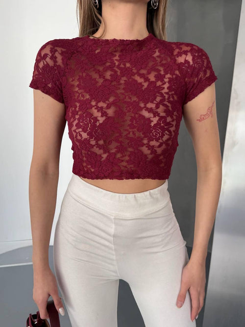 Bordo dantel crop bluz